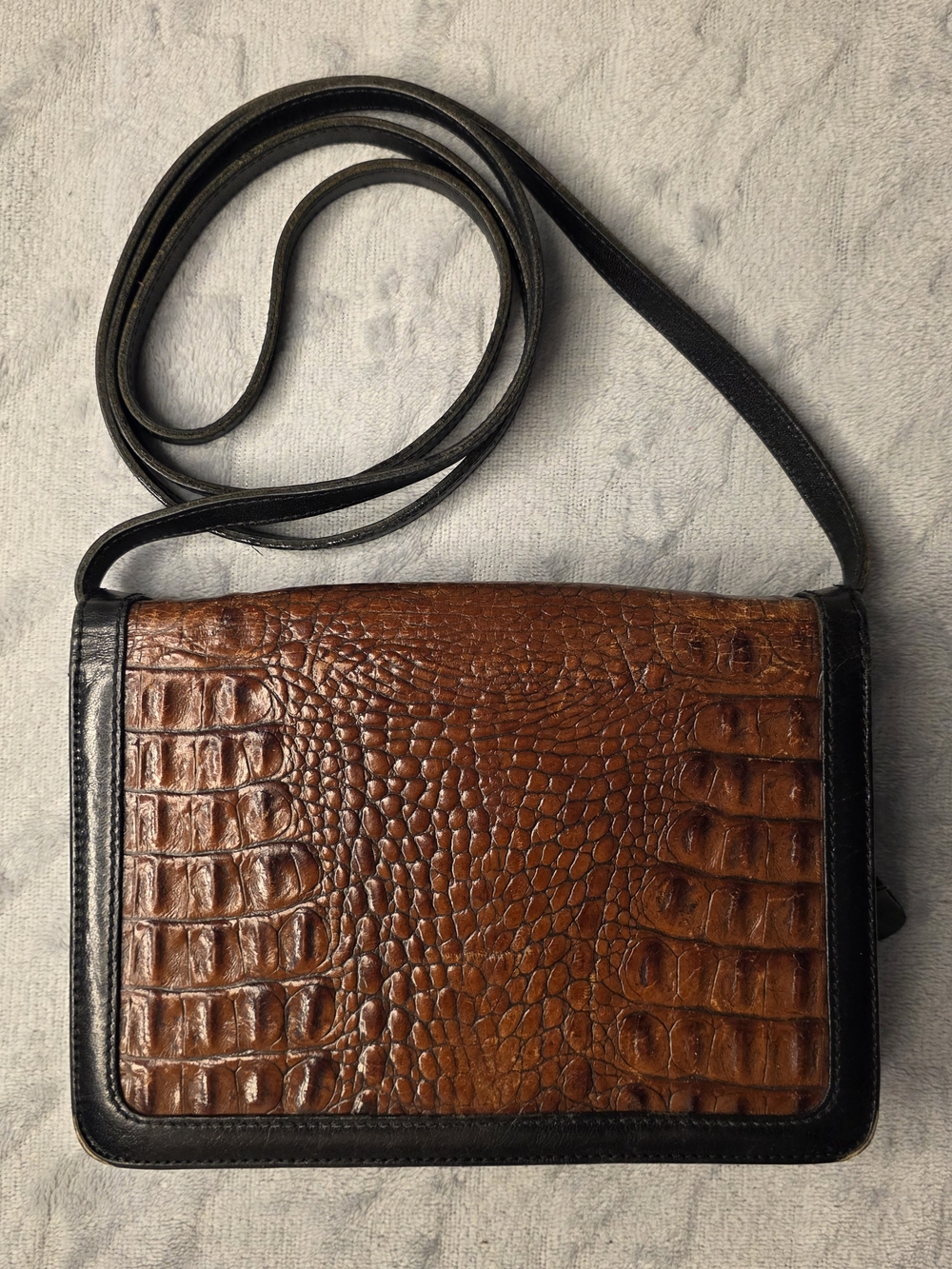 Brahmin Brown Croc-Embossed Leather Crossbody with Black Trim